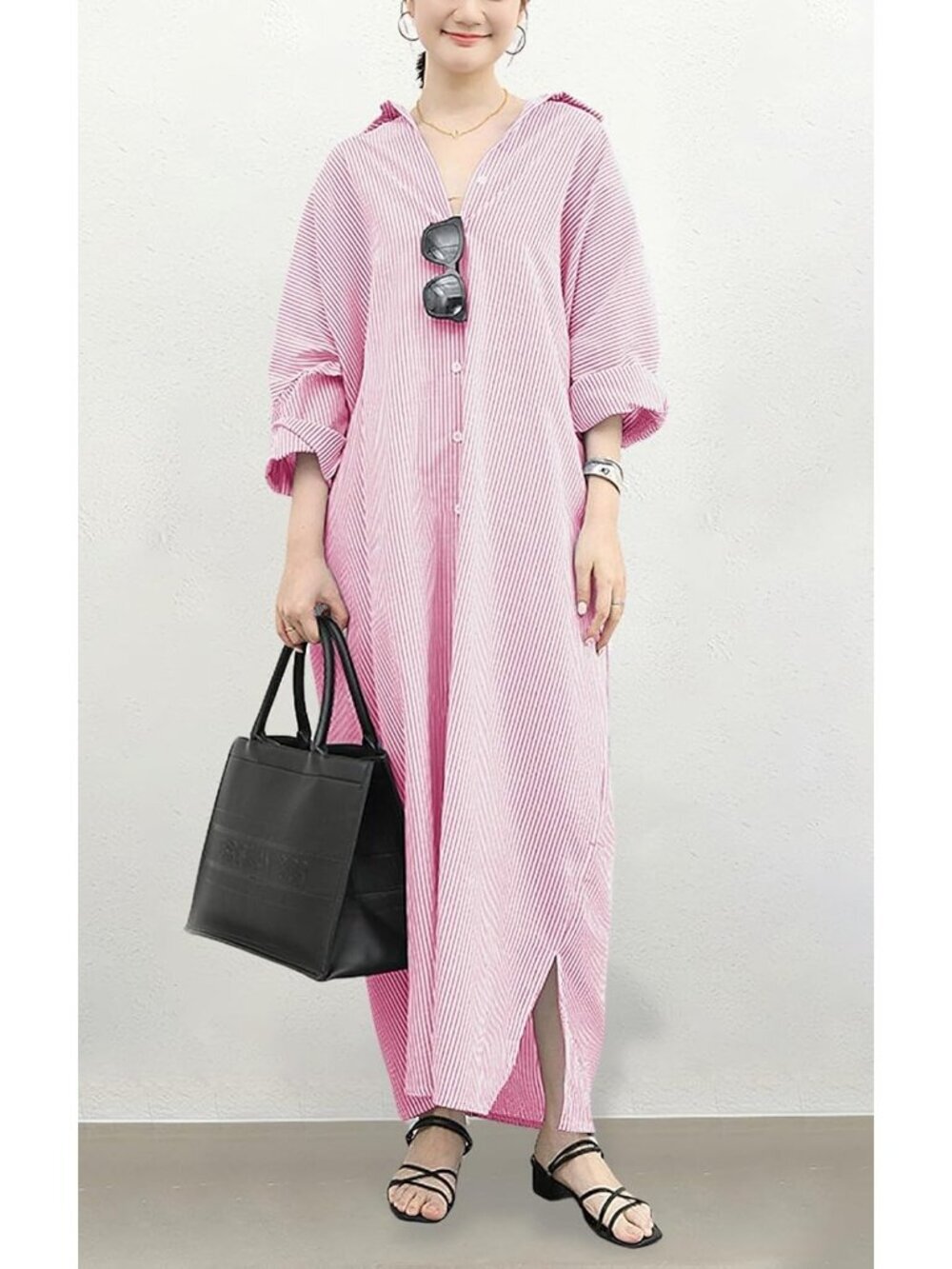 Women's Pink Long Sleeve Button Down Loose Striped Cotton Maxi Shirt Dress - Picture 2 of 5
